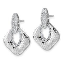 Sterling Silver Rhodium-plated CZ Polished Textured Doorknocker Dangle Post Earrings