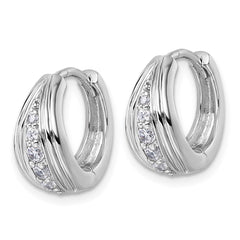 Sterling Silver Rhodium-plated Polished and Grooved White CZ Polished Hinged Hoop Earrings