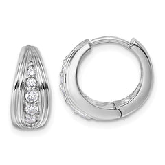 Sterling Silver Rhodium-plated Polished and Grooved White CZ Polished Hinged Hoop Earrings