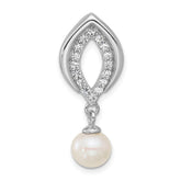 Sterling Silver Rhodium-plated Polished CZ and 6-7mm Freshwater Cultured Pearl Dangle Chain Slide Pendant