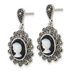 Sterling Silver Antiqued Marcasite with Black Agate and Mother of Pearl Cameo Dangle Post Earrings - 2