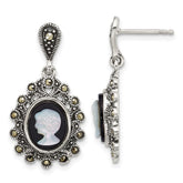 Sterling Silver Antiqued Marcasite with Black Agate and Mother of Pearl Cameo Dangle Post Earrings - 2