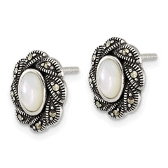 Sterling Silver Antiqued Marcasite and Mother of Pearl Oval Fancy Post Earrings