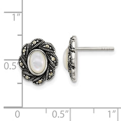 Sterling Silver Antiqued Marcasite and Mother of Pearl Oval Fancy Post Earrings