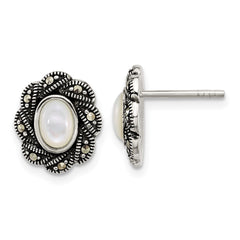 Sterling Silver Antiqued Marcasite and Mother of Pearl Oval Fancy Post Earrings