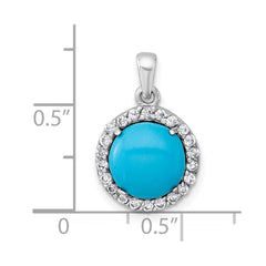 Sterling Silver Rhodium-plated Polished CZ Halo and Reconstituted Turquoise Cabochon Circle Pendant