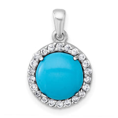 Sterling Silver Rhodium-plated Polished CZ Halo and Reconstituted Turquoise Cabochon Circle Pendant