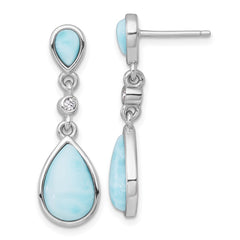 Sterling Silver Rhodium-plated Polished Pear Larimar Cabochon and CZ Teardrop Dangle Post Earrings