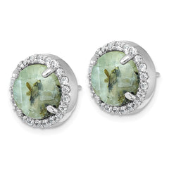 Sterling Silver Rhodium-plated Polished CZ Halo and Faceted Prehnite Circle Post Earrings