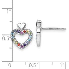 Sterling Silver Rhodium-plated Polished Rainbow CZ Double Heart Post Earrings