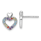 Sterling Silver Rhodium-plated Polished Rainbow CZ Double Heart Post Earrings
