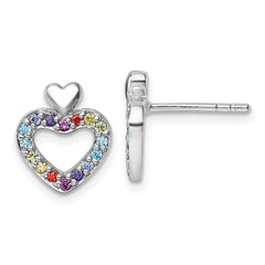 Sterling Silver Rhodium-plated Polished Rainbow CZ Double Heart Post Earrings