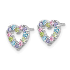 Sterling Silver Rhodium-plated Polished Pastel Blue, Pink, Green and Purple CZ Heart Post Earrings