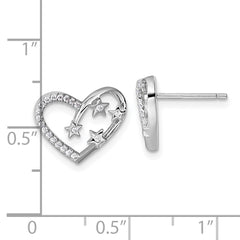 Sterling Silver Rhodium-plated CZ Polished Open Heart with Stars Post Earrings