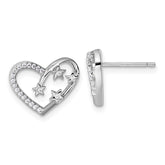 Sterling Silver Rhodium-plated CZ Polished Open Heart with Stars Post Earrings