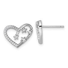 Sterling Silver Rhodium-plated CZ Polished Open Heart with Stars Post Earrings