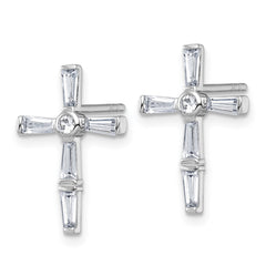 Sterling Silver Rhodium-plated Polished White Baguette CZ Cross Post Earrings