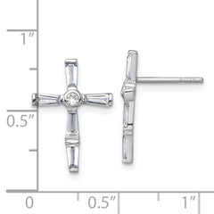 Sterling Silver Rhodium-plated Polished White Baguette CZ Cross Post Earrings