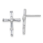 Sterling Silver Rhodium-plated Polished White Baguette CZ Cross Post Earrings