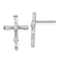 Sterling Silver Rhodium-plated Polished White Baguette CZ Cross Post Earrings