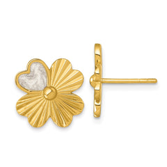 Sterling Silver Gold-tone Polished with White Enamel Lucky 4-Leaf Clover Post Earrings