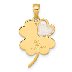 Sterling Silver Gold-tone Polished with White Enamel Lucky 4-Leaf Clover Pendant