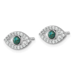 Sterling Silver Rhodium-plated Polished CZ and Compressed Turquoise Cabochon Evil Eye Post Earrings