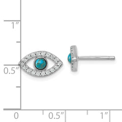 Sterling Silver Rhodium-plated Polished CZ and Compressed Turquoise Cabochon Evil Eye Post Earrings