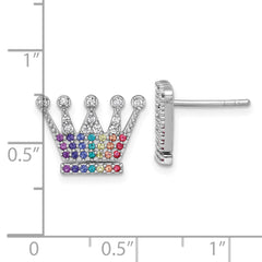 Sterling Silver Rhodium-plated Polished Rainbow Nano Crystals Crown Post Earrings