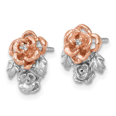 Sterling Silver Rhodium-plated and Rose Gold-plated CZ Flowers Post Earrings