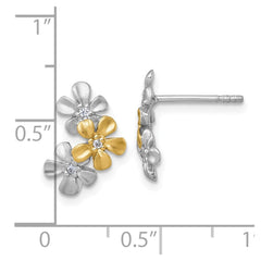 Sterling Silver Rhodium-plated and Gold-plated with CZ Three Flowers Post Earrings