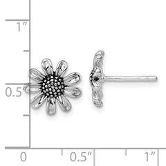 Sterling Silver Rhodium-plated Antiqued Sunflower Post Earrings