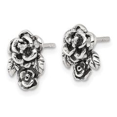 Sterling Silver Antiqued Polished CZ Flowers Post Earrings