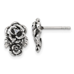 Sterling Silver Antiqued Polished CZ Flowers Post Earrings