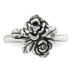 Sterling Silver Antiqued Polished CZ Flowers Size 7 Ring