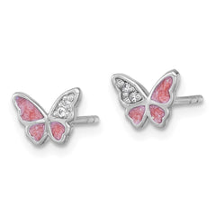 Sterling Silver Rhodium-plated Polished CZ and Pink Enamel Butterfly Post Earrings