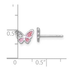 Sterling Silver Rhodium-plated Polished CZ and Pink Enamel Butterfly Post Earrings