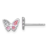 Sterling Silver Rhodium-plated Polished CZ and Pink Enamel Butterfly Post Earrings
