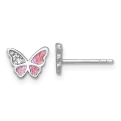 Sterling Silver Rhodium-plated Polished CZ and Pink Enamel Butterfly Post Earrings