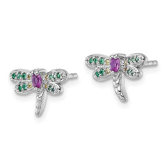 Sterling Silver Rhodium-plated Polished Green, Yellow and Pink CZ Dragonfly Post Earrings