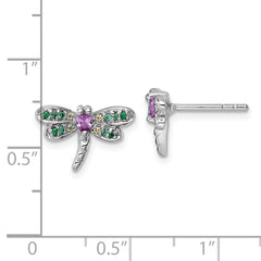 Sterling Silver Rhodium-plated Polished Green, Yellow and Pink CZ Dragonfly Post Earrings