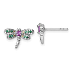Sterling Silver Rhodium-plated Polished Green, Yellow and Pink CZ Dragonfly Post Earrings