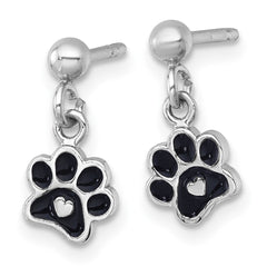 Sterling Silver Rhodium-plated Polished Black Enamel Paw Print with Heart Dangle Post Earrings