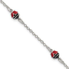 Sterling Silver Polished Red and Black Enameled Ladybugs 6 inch with 1 inch extension Childrens Bracelet