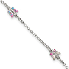 Sterling Silver Polished Pink/Purple/White/Blue Enameled Butterfly 6 inch with 1 inch extension Childrens Bracelet
