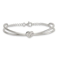 Sterling Silver Polished Twisted Heart Childrens Cuff Bracelet with Safety Chain