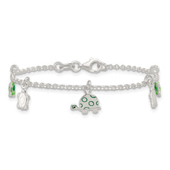 Sterling Silver Polished Green Enamel Turtles Childrens 6 inch Bracelet