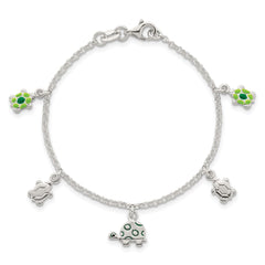 Sterling Silver Polished Green Enamel Turtles Childrens 6 inch Bracelet