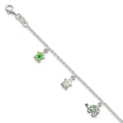 Sterling Silver Polished Green Enamel Turtles Childrens 6 inch Bracelet