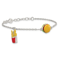 Sterling Silver Polished Multi-colored Enamel Burger and Fries Childrens 6 inch with 1 inch Extension Bracelet